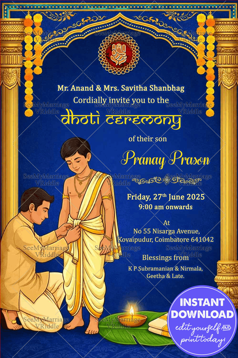 Royal Blue Dhoti Ceremony Invitation with Golden Temple Pillars, Sacred Dhoti Ritual & Traditional Vedic Motifs