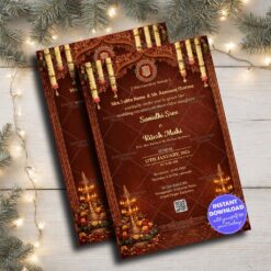 Royal Brown Wedding Invitation with Ornate Carved Arch, Ganesha Emblem & Traditional Brass Lamps