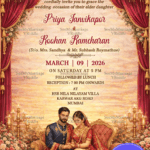 Royal Mandap Wedding Invitation with Grand Red Drapes, Floral Stage Decor & Regal Couple Illustration