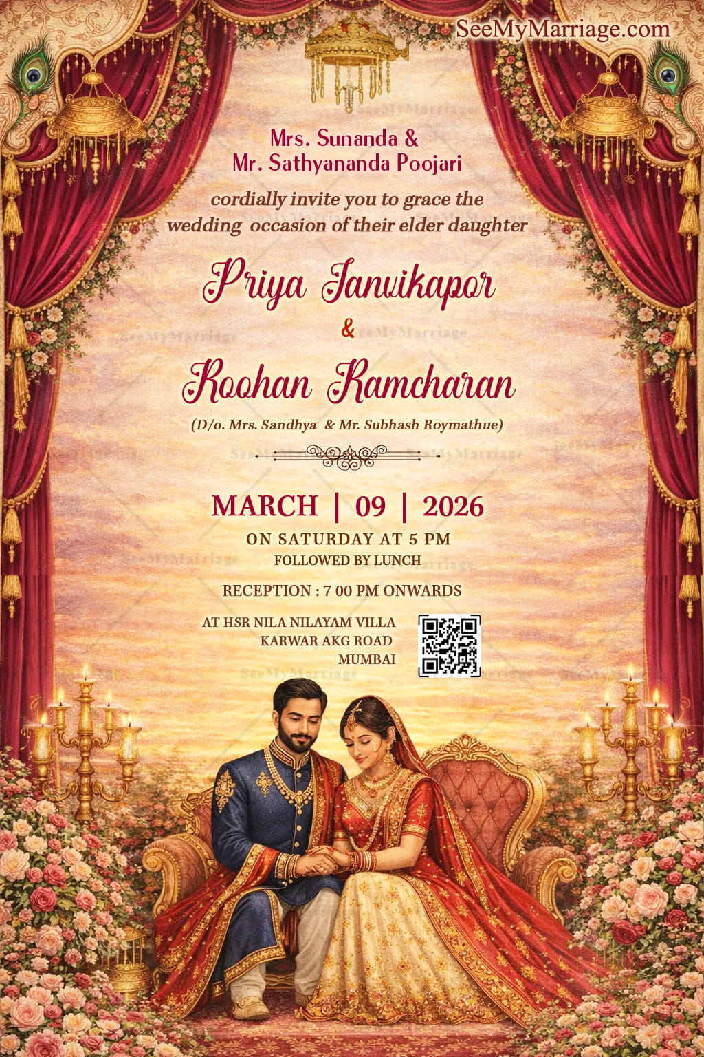 Royal Mandap Wedding Invitation with Grand Red Drapes, Floral Stage Decor & Regal Couple Illustration