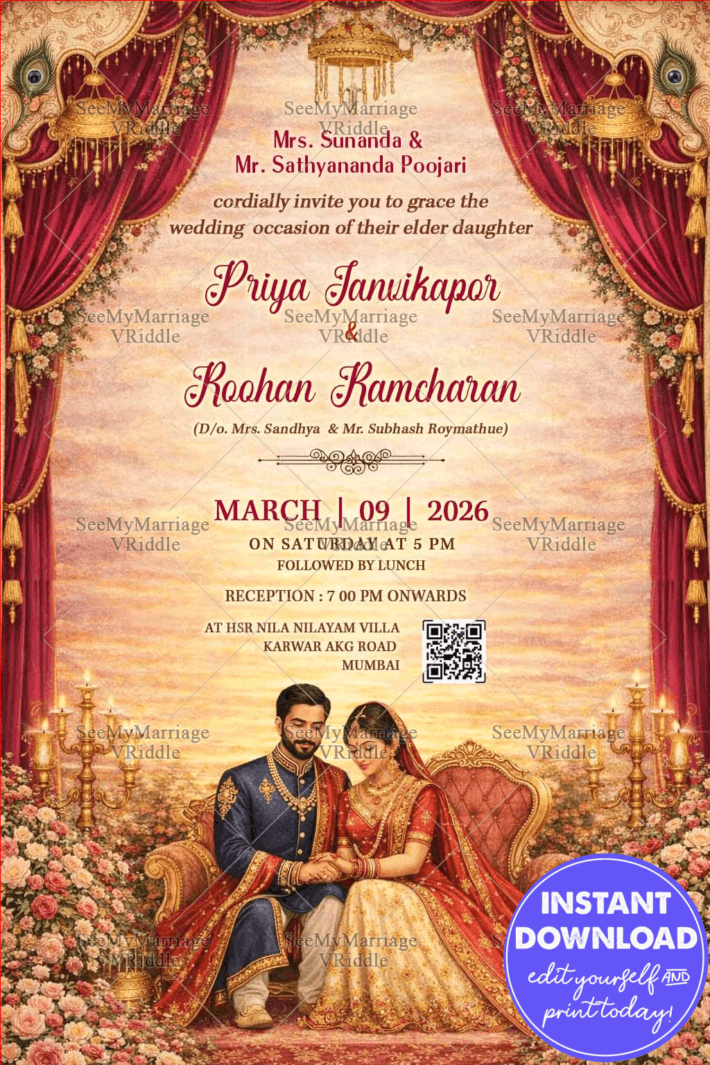 Royal Mandap Wedding Invitation with Grand Red Drapes, Floral Stage Decor & Regal Couple Illustration