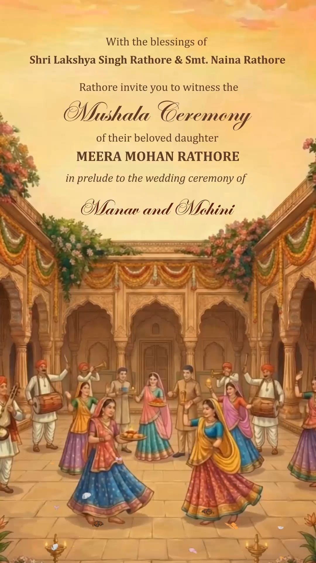 Royal Mayra Mushala Ceremony Invitation Video with Grand Palace Courtyard, Rajasthani Folk Dancers, Traditional Dhol & Shehnai Musicians