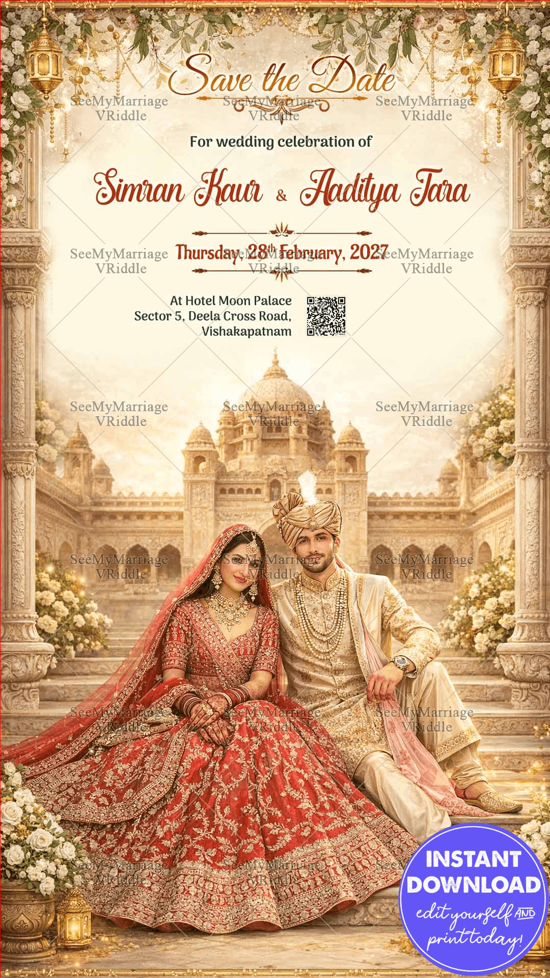 Royal Palace Save the Date Card with Floral Arch, Golden Lanterns & Regal Couple Illustration