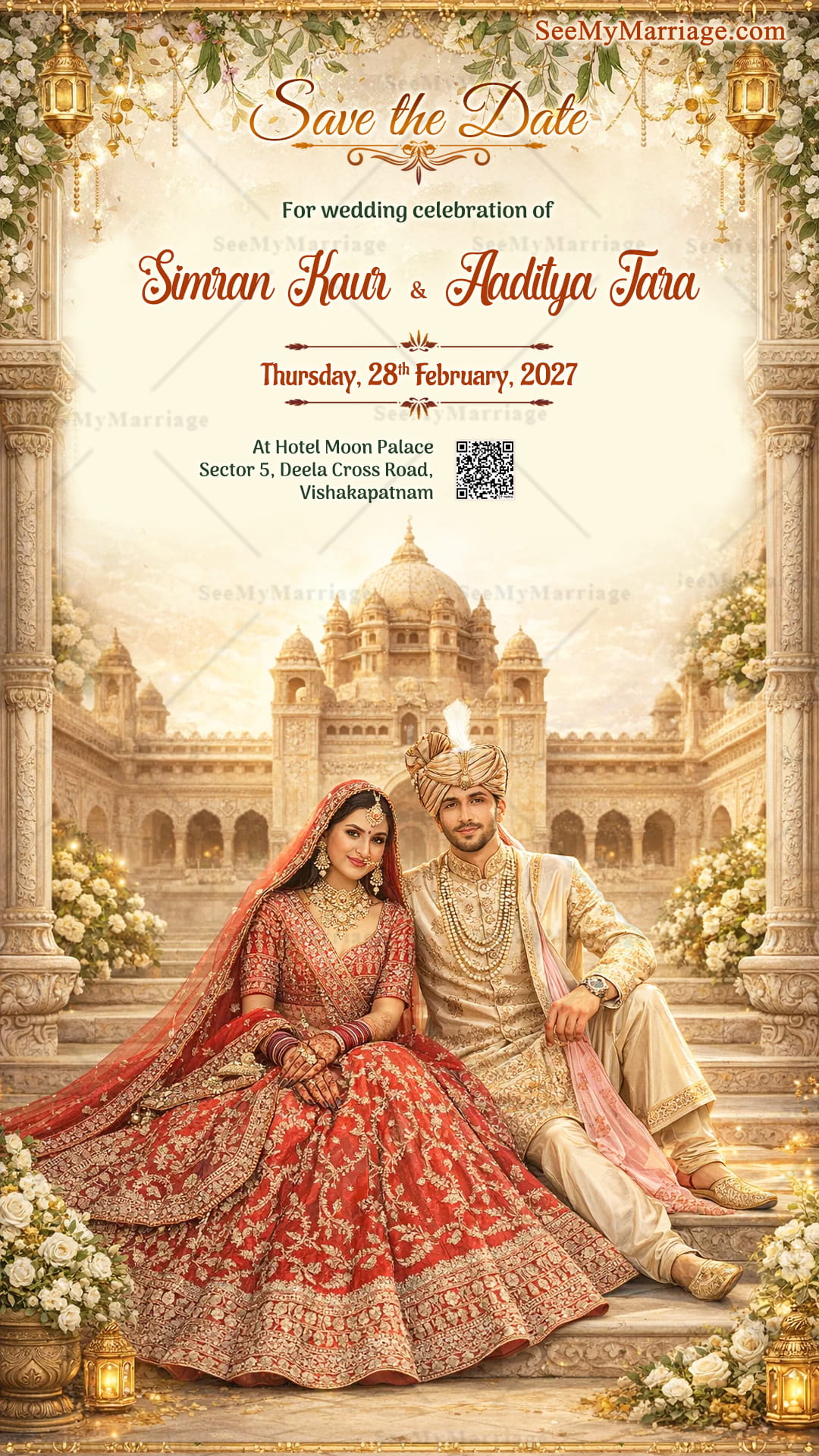Royal Palace Save the Date Card with Floral Arch, Golden Lanterns & Regal Couple Illustration