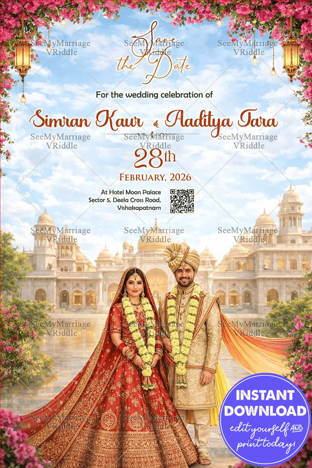Royal Palace Save the Date Wedding Card with Floral Canopy, Heritage Architecture & Regal Indian Couple Illustration