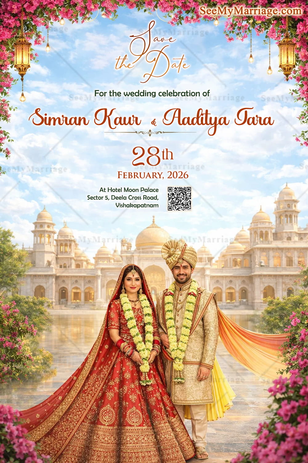 Royal Palace Save the Date Wedding Card with Floral Canopy, Heritage Architecture & Regal Indian Couple Illustration