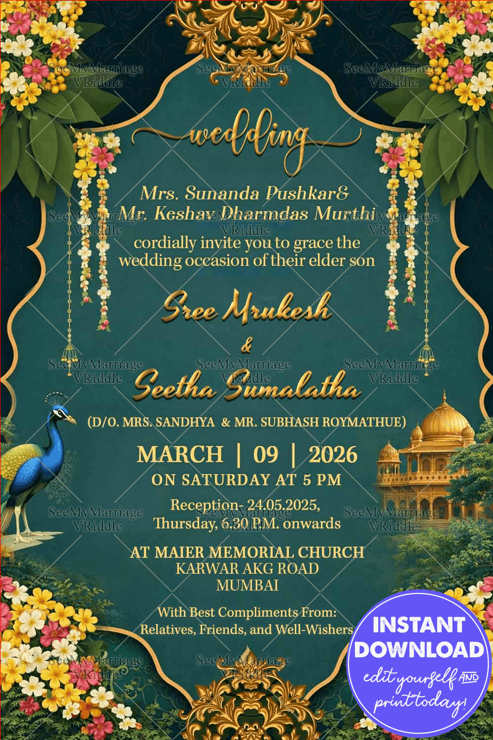 Royal Peacock Garden Wedding Invitation with Palace Motif, Floral Drapes In Green Bg