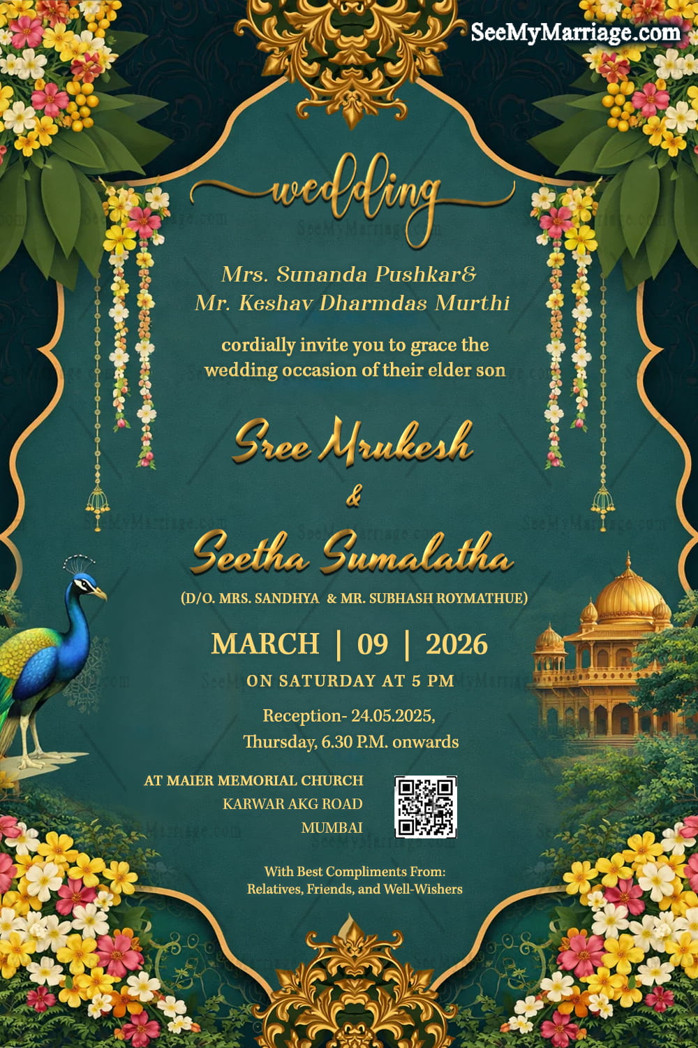 Royal Peacock Garden Wedding Invitation with Palace Motif, Floral Drapes In Green Bg