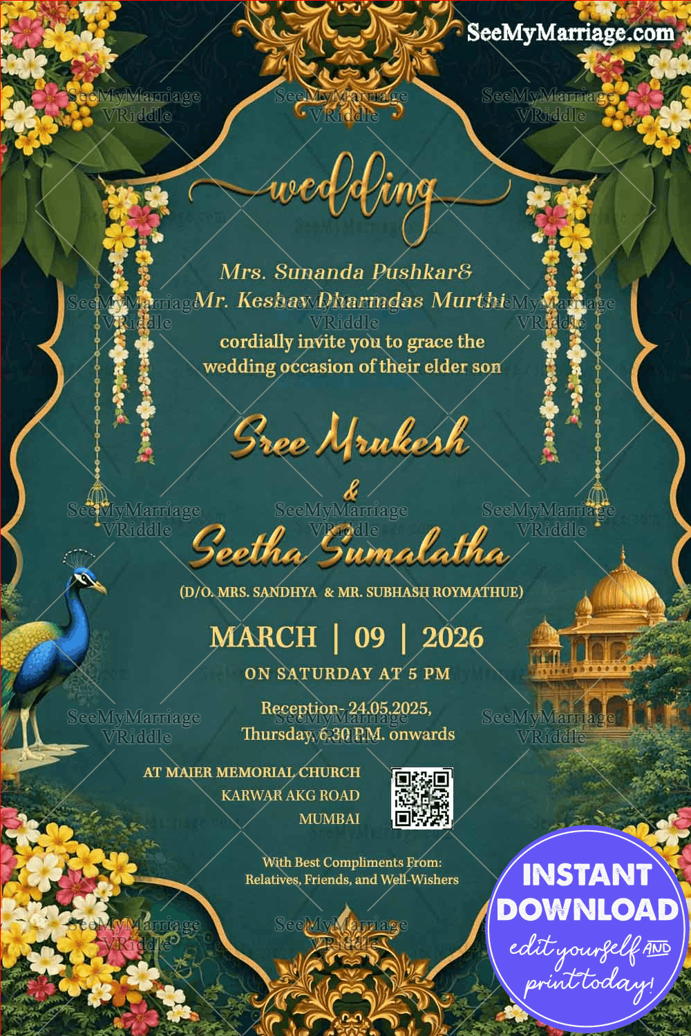 Royal Peacock Garden Wedding Invitation with Palace Motif, Floral Drapes In Green Bg