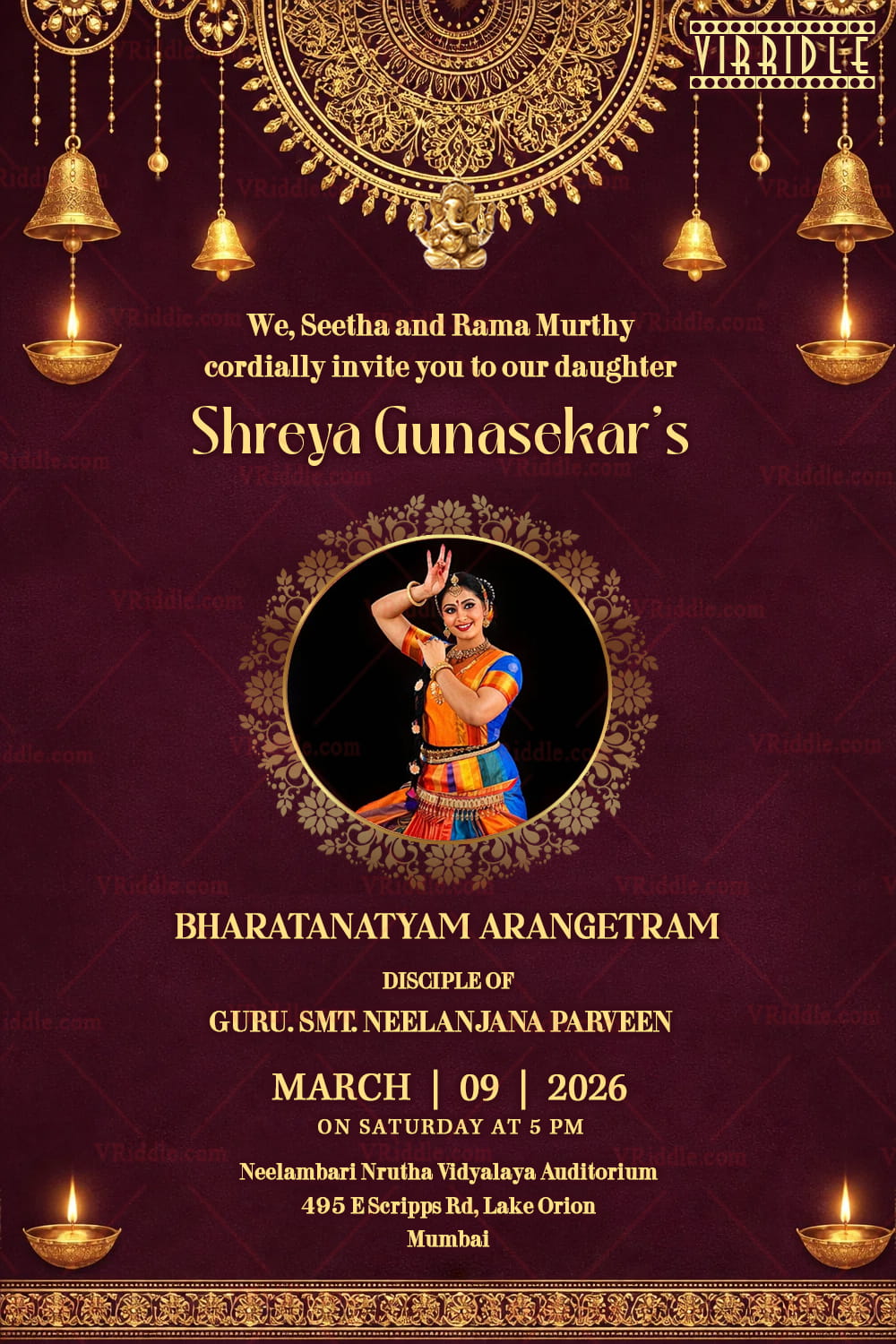 Royal Purple Bharatanatyam Arangetram Invitation with Golden Mandala, Hanging Bells, Oil Lamps & Classical Dance Portrait