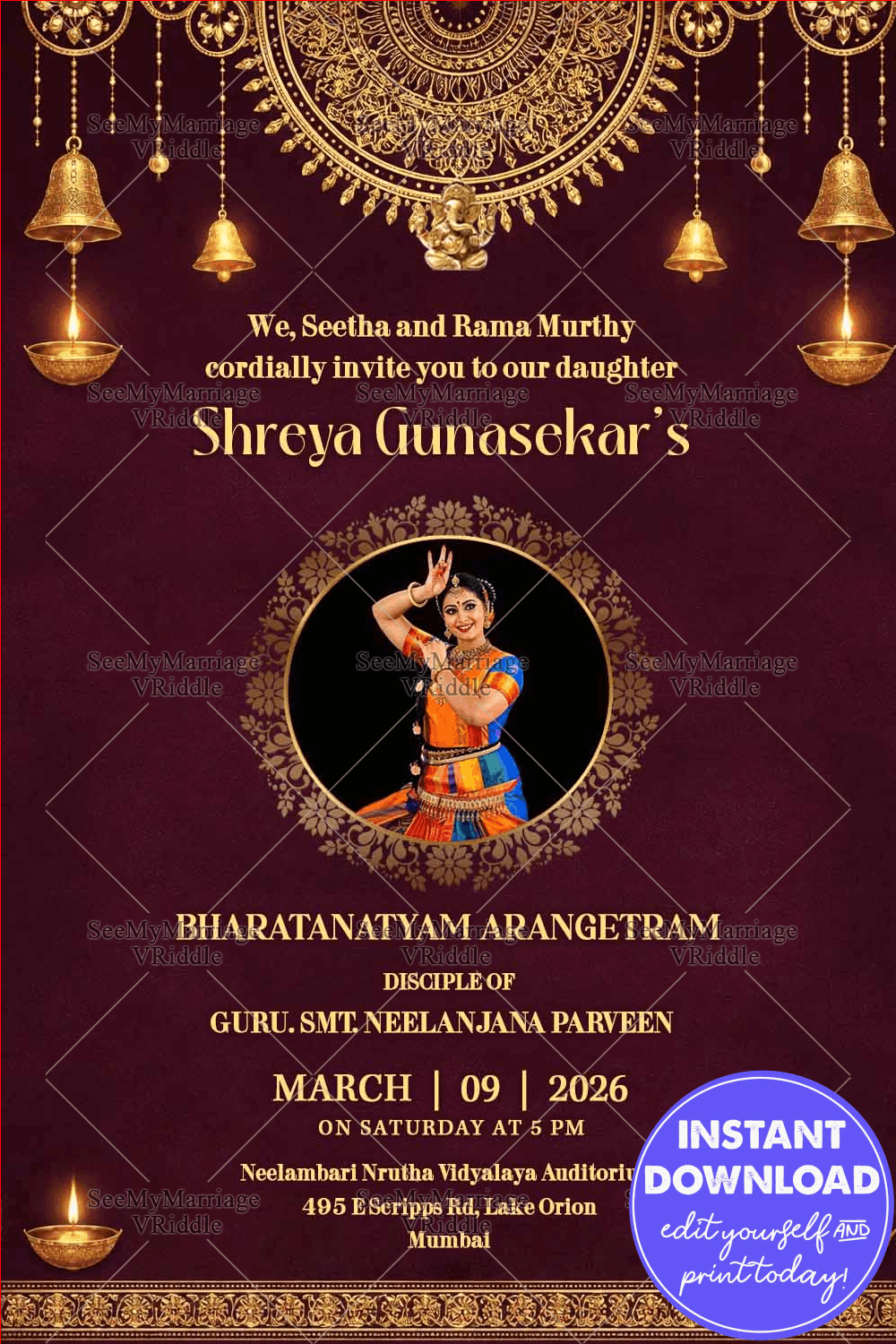 Royal Purple Bharatanatyam Arangetram Invitation with Golden Mandala, Hanging Bells, Oil Lamps & Classical Dance Portrait