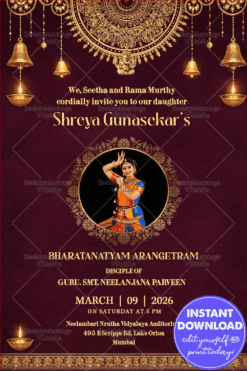 Royal Purple Bharatanatyam Arangetram Invitation with Golden Mandala, Hanging Bells, Oil Lamps & Classical Dance Portrait