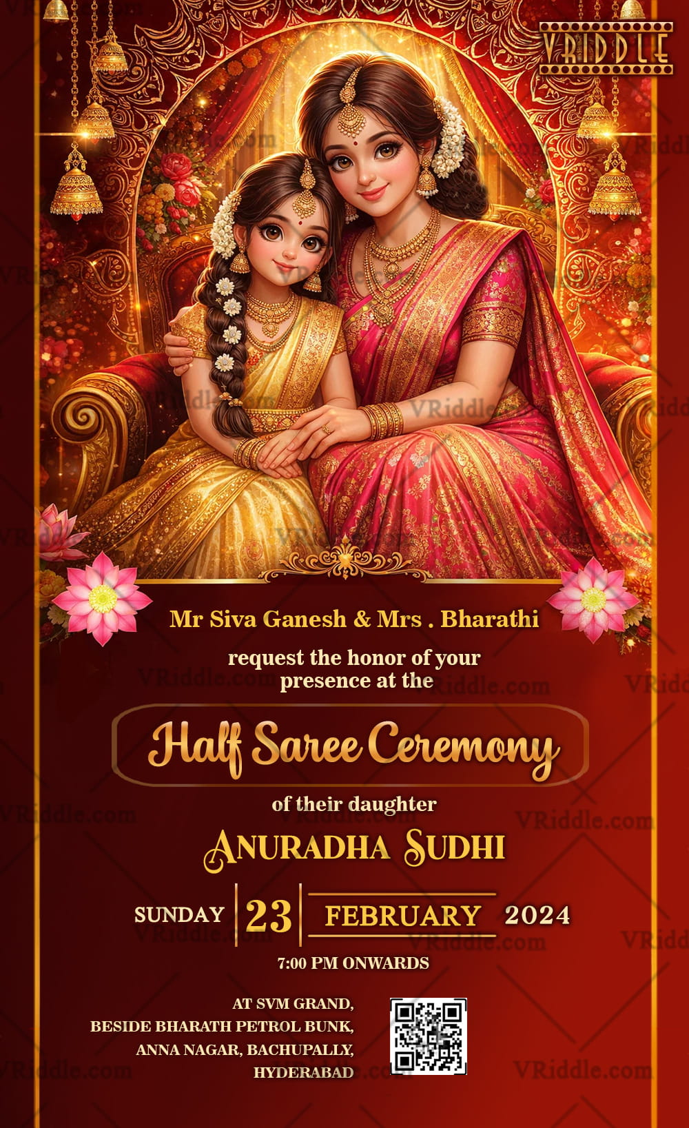 Royal Red Half Saree Ceremony Invitation with Elegant Mother–Daughter Portrait and Ornate Golden Arch, Festive Lamps