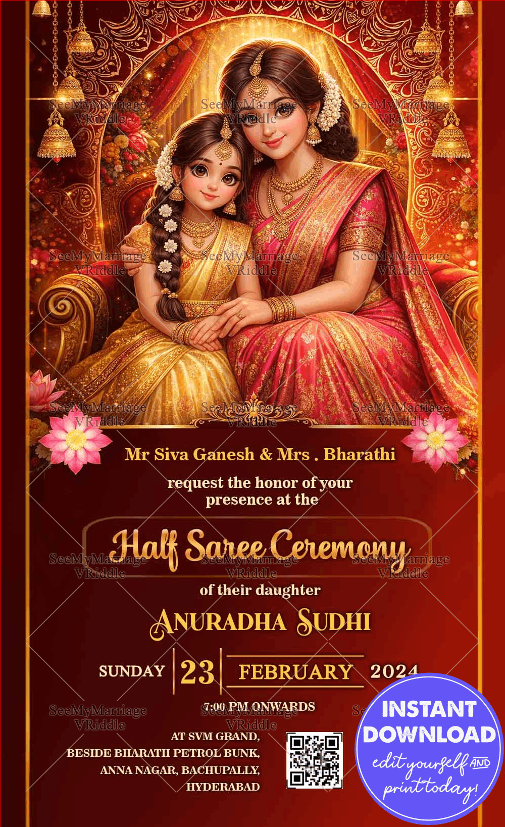 Royal Red Half Saree Ceremony Invitation with Elegant Mother–Daughter Portrait and Ornate Golden Arch, Festive Lamps