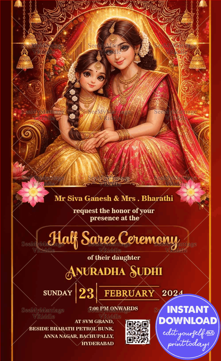 Royal Red Half Saree Ceremony Invitation with Elegant Mother–Daughter Portrait and Ornate Golden Arch, Festive Lamps