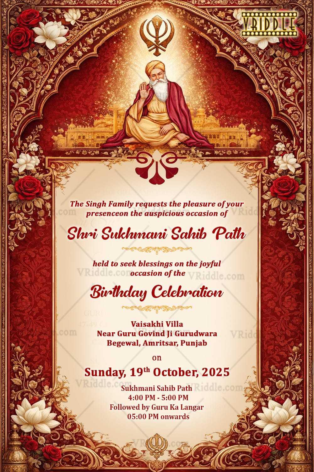 Royal Shri Sukhmani Sahib Paath Birthday Invitation with Guru Sahib Illustration, Khanda Symbol, Red & Gold Floral Arch Frame