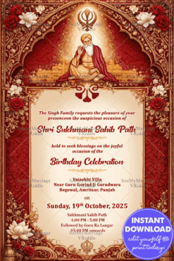 Royal Shri Sukhmani Sahib Paath Birthday Invitation with Guru Sahib Illustration, Khanda Symbol, Red & Gold Floral Arch Frame
