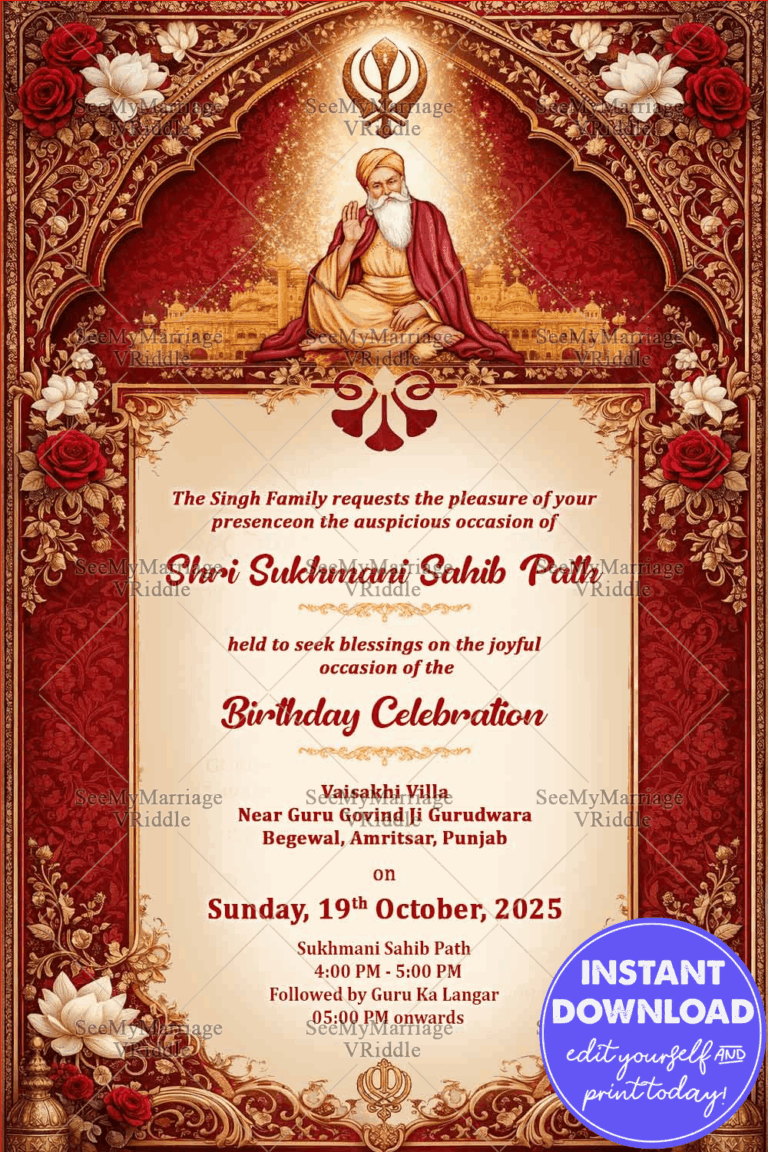 Royal Shri Sukhmani Sahib Paath Birthday Invitation with Guru Sahib Illustration, Khanda Symbol, Red & Gold Floral Arch Frame