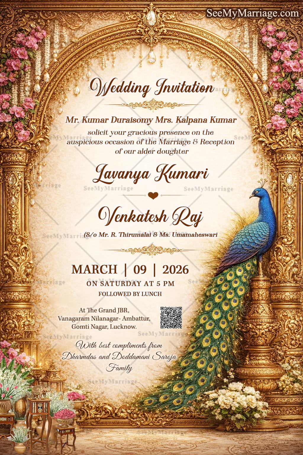 Royal Wedding Invitation with Ornate Golden Arch, Peacock Palace, Floral Garlands & Heritage Elegance