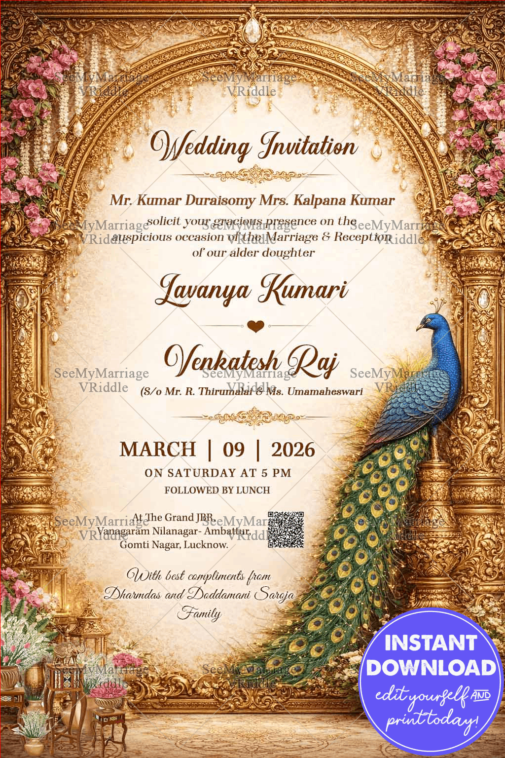 Royal Wedding Invitation with Ornate Golden Arch, Peacock Palace, Floral Garlands & Heritage Elegance