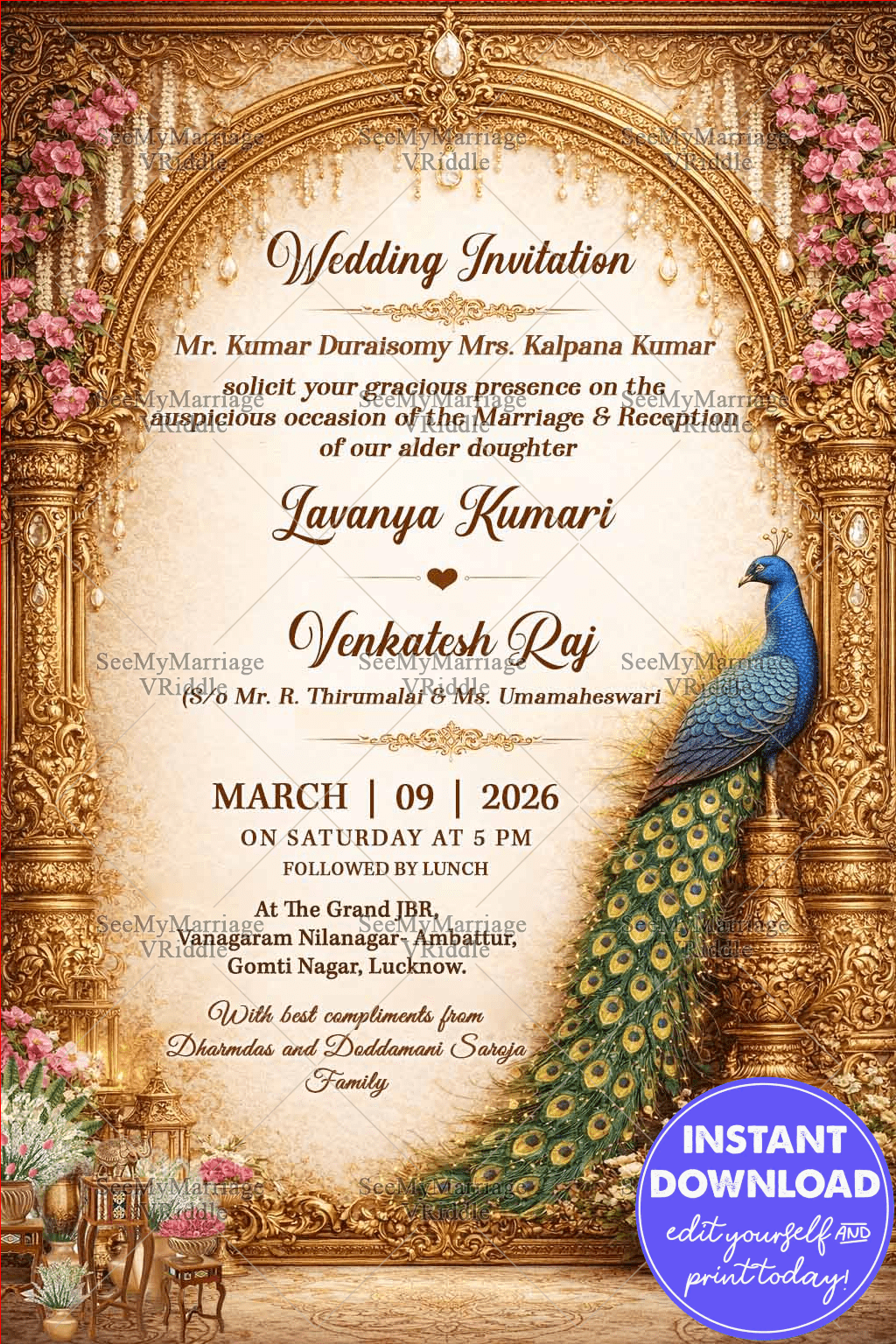 Royal Wedding Invitation with Ornate Golden Arch, Peacock Palace, Floral Garlands & Heritage Elegance