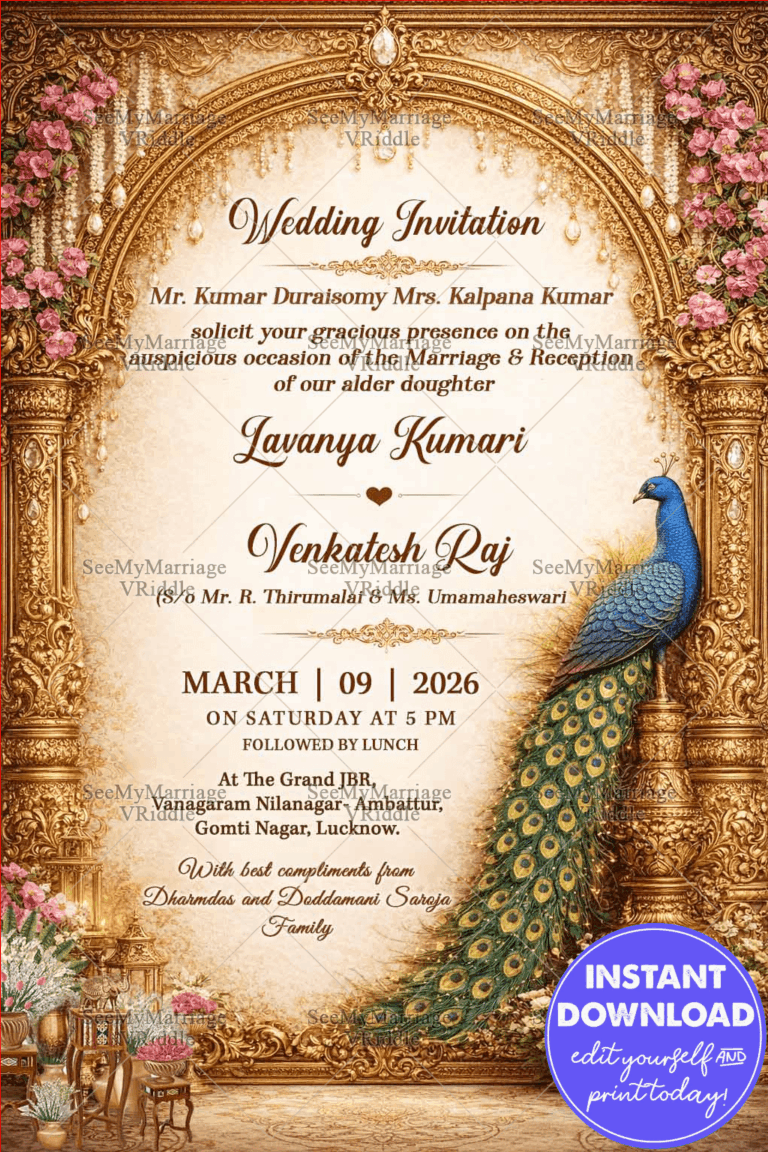 Royal Wedding Invitation with Ornate Golden Arch, Peacock Palace, Floral Garlands & Heritage Elegance