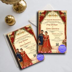 Royal Wedding Invitation with Regal Couple Portrait, Grand Brass Chandeliers, Peacock Accents