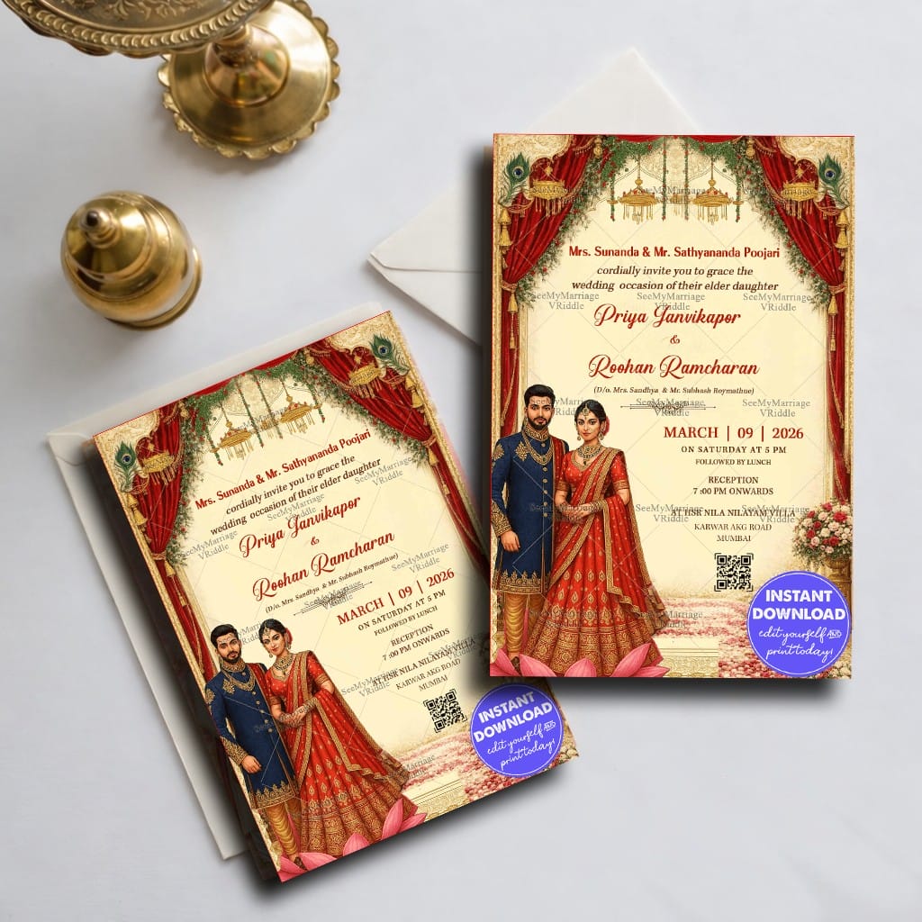 Royal Wedding Invitation with Regal Couple Portrait, Grand Brass Chandeliers, Peacock Accents