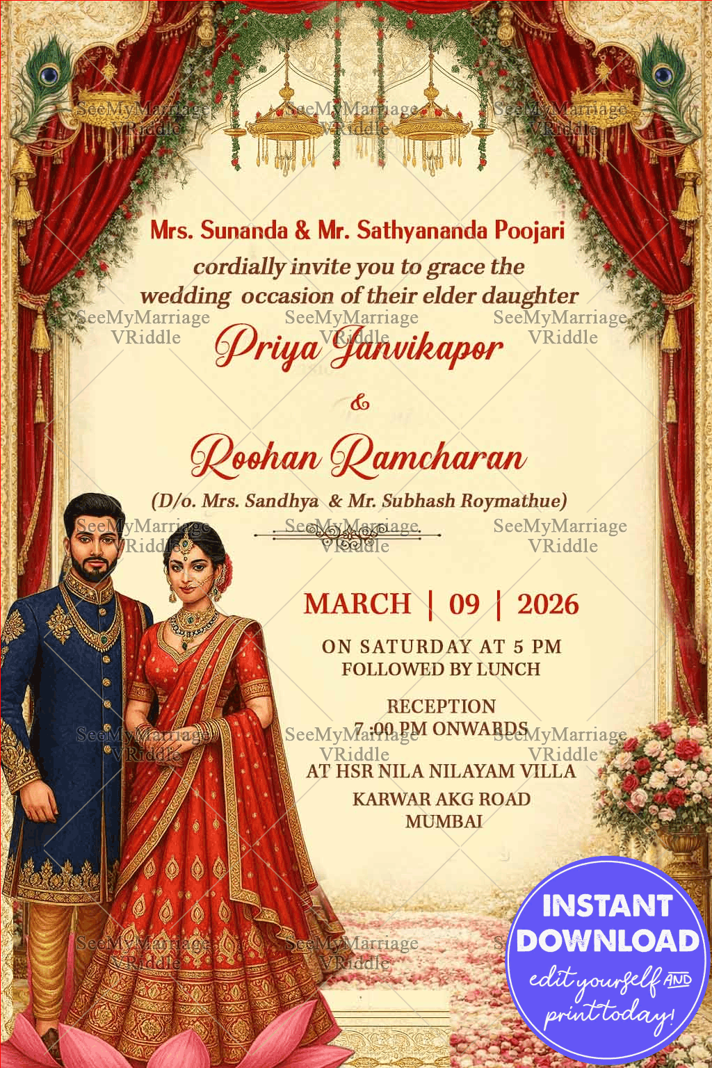 Royal Wedding Invitation with Regal Couple Portrait, Grand Brass Chandeliers, Peacock Accents