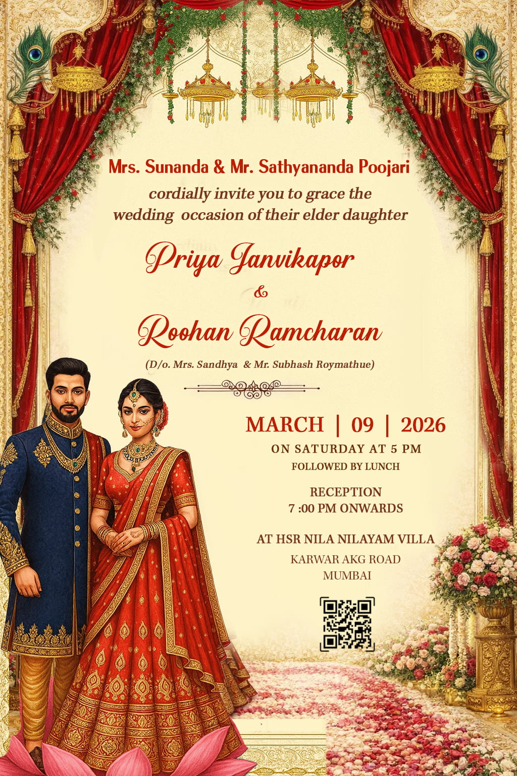 Royal Wedding Invitation with Regal Couple Portrait, Grand Brass Chandeliers, Peacock Accents