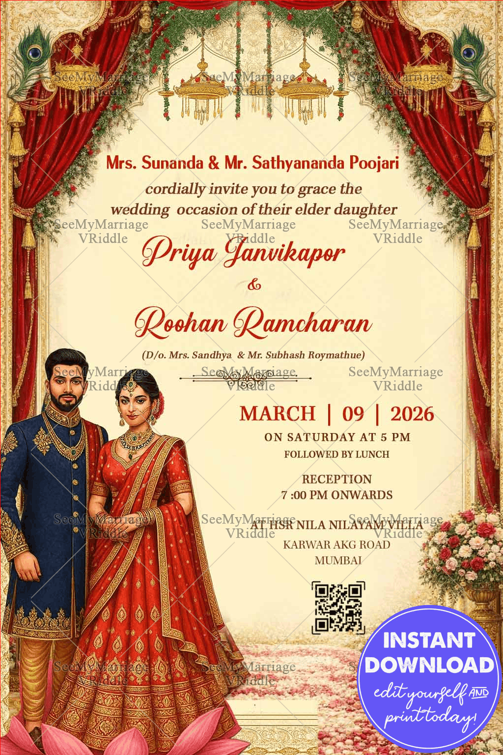 Royal Wedding Invitation with Regal Couple Portrait, Grand Brass Chandeliers, Peacock Accents
