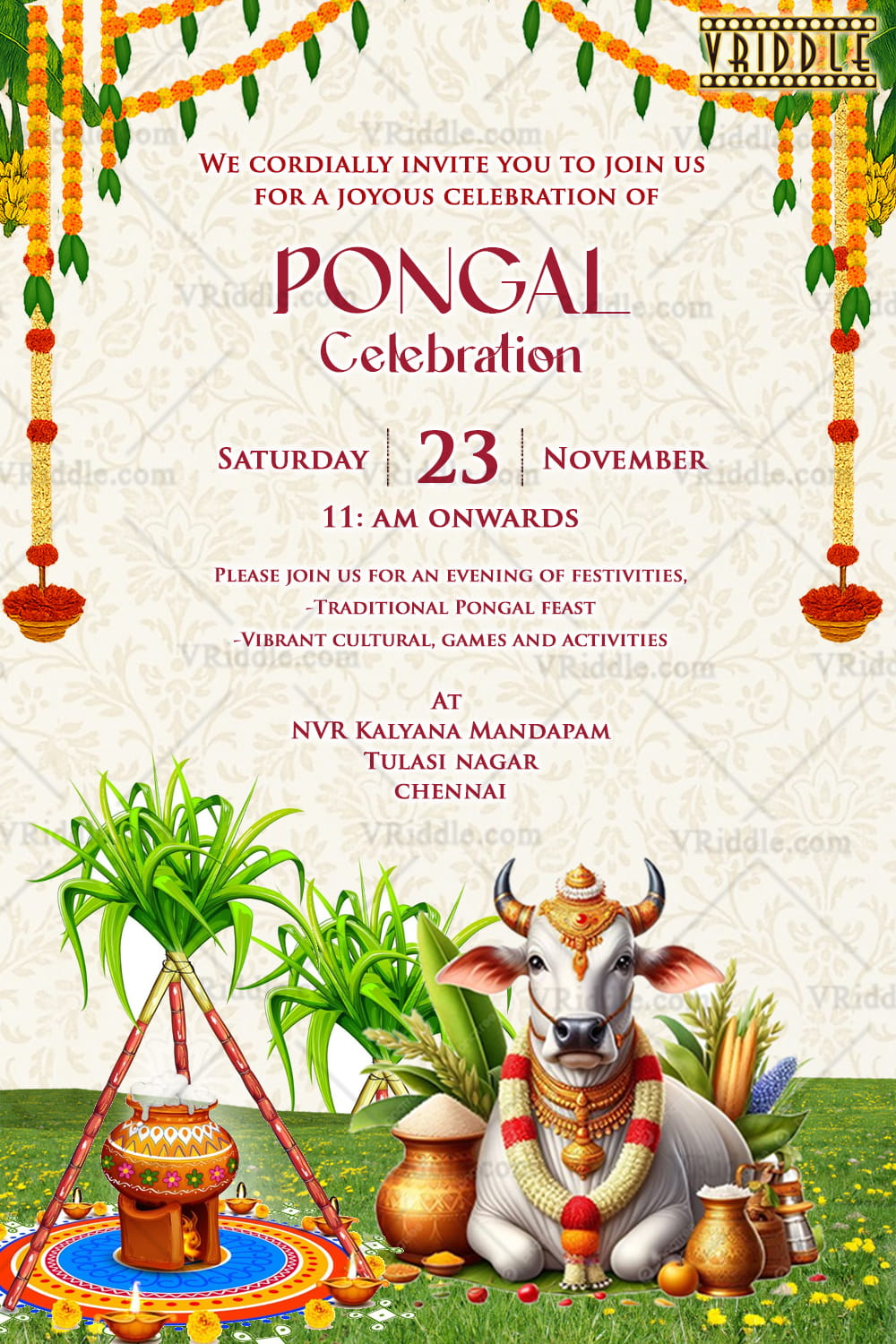 Sacred Cow Pongal Invitation with Traditional Sugarcane Decor, Boiling Pongal Pot & Floral Toran Accents