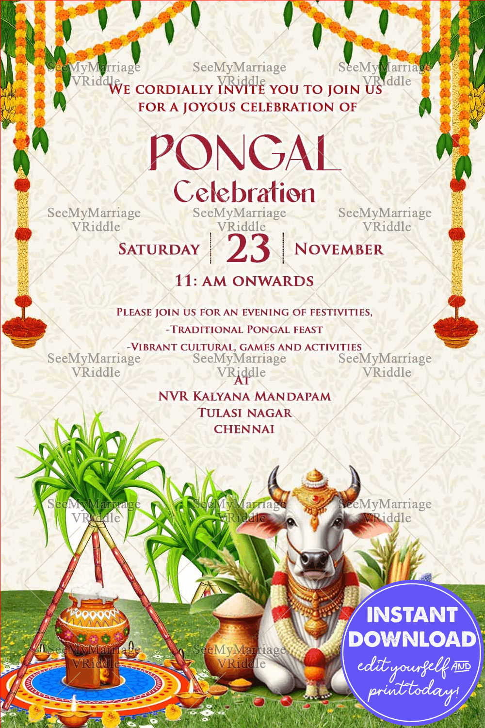 Sacred Cow Pongal Invitation with Traditional Sugarcane Decor, Boiling Pongal Pot & Floral Toran Accents