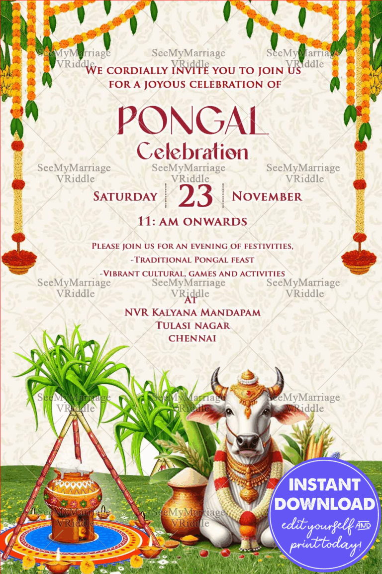 Sacred Cow Pongal Invitation with Traditional Sugarcane Decor, Boiling Pongal Pot & Floral Toran Accents