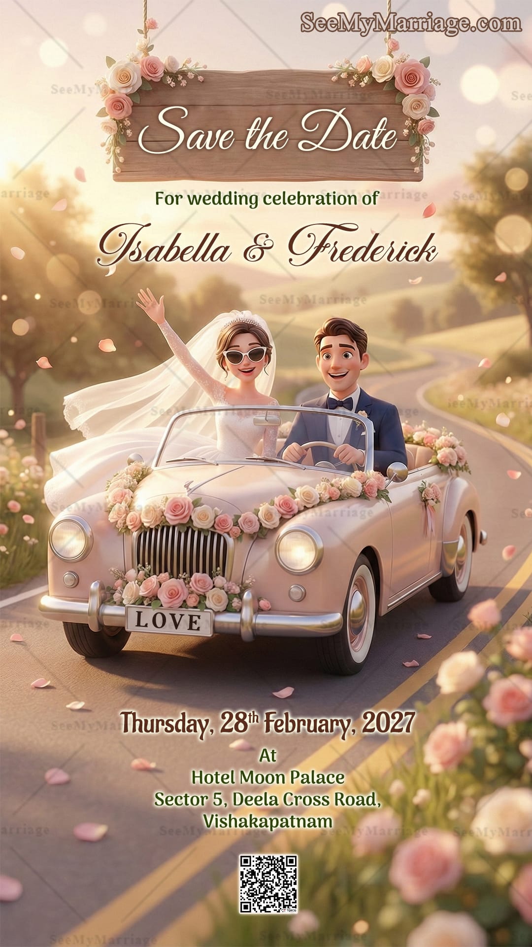 Whimsical Save the Date Wedding Card with Joyful Cartoon Couple in a Vintage Convertible Car and Blush Rose Floral Decorations