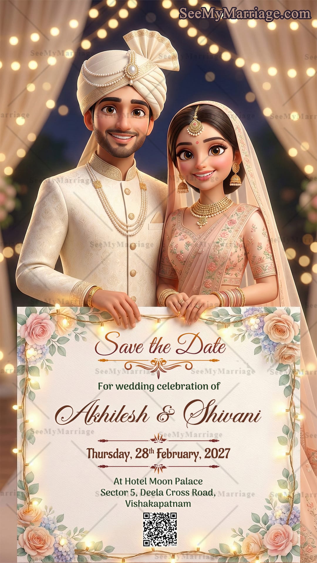 Smiling Couple Save the Date Wedding Invitation Card with Holding a Floral-Framed Announcement Board Adorned