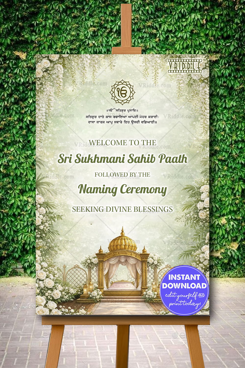 Serene Sri Sukhmani Sahib Paath & Naming Ceremony Banner with Golden Canopy, White Floral Frames, Ik Onkar Emblem and Soft Pastel Shade