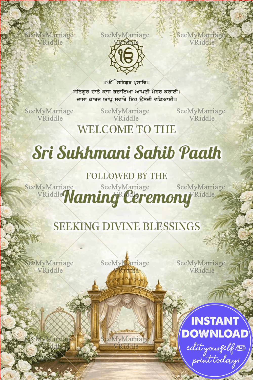 Serene Sri Sukhmani Sahib Paath & Naming Ceremony Banner with Golden Canopy, White Floral Frames, Ik Onkar Emblem and Soft Pastel Shade