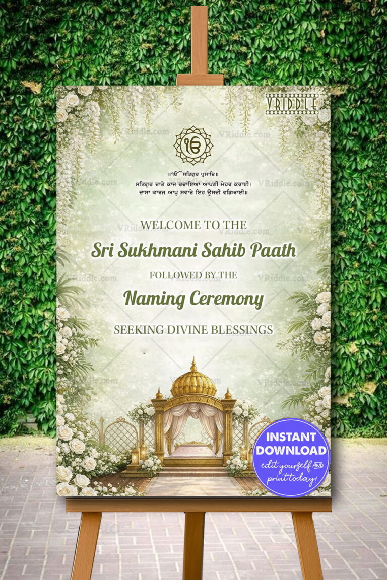 Serene Sri Sukhmani Sahib Paath & Naming Ceremony Banner with Golden Canopy, White Floral Frames, Ik Onkar Emblem and Soft Pastel Shade