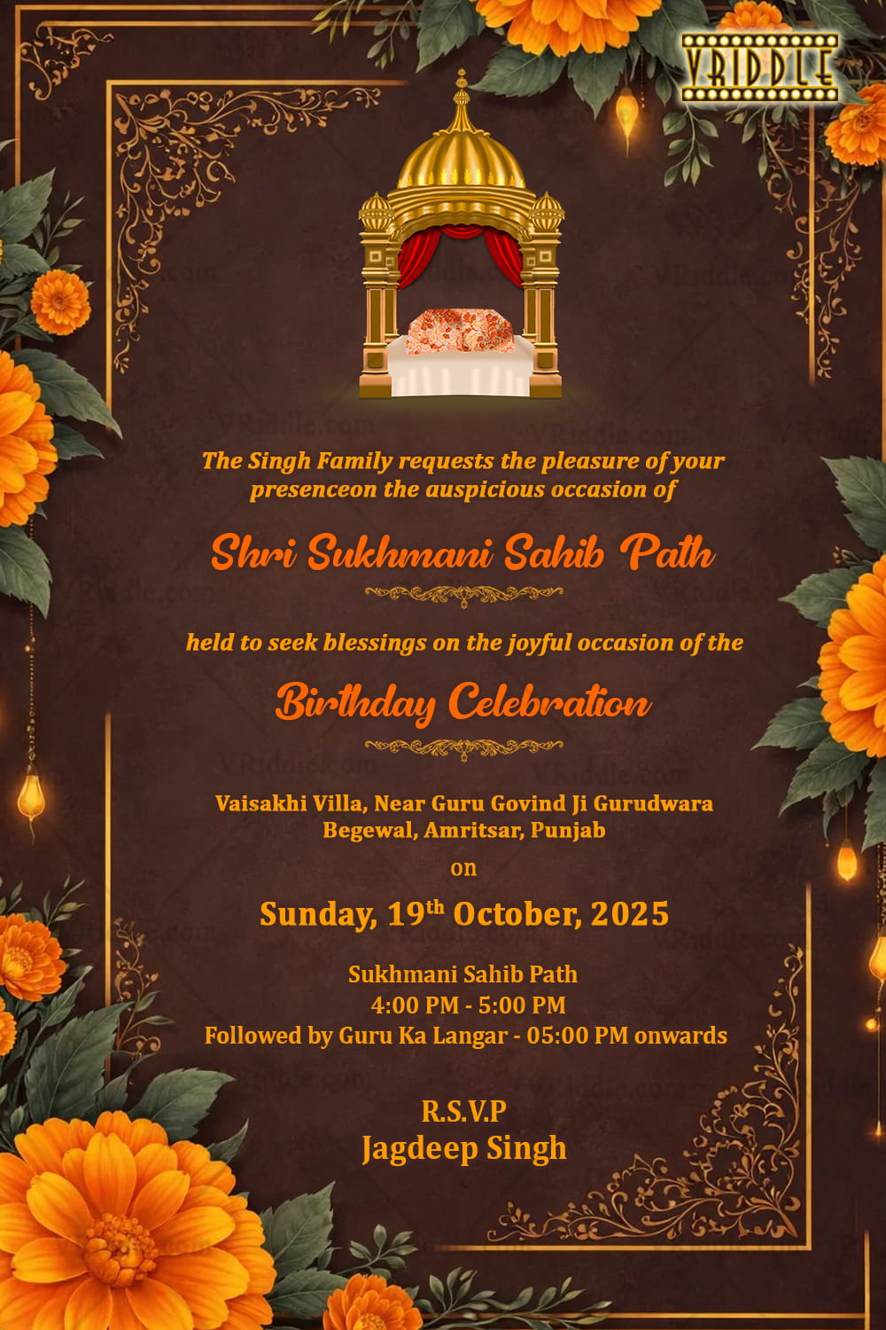 Shri Sukhmani Sahib Paath Birthday Invitation with Golden Canopy, Marigold Florals & Royal Brown Vintage Frame