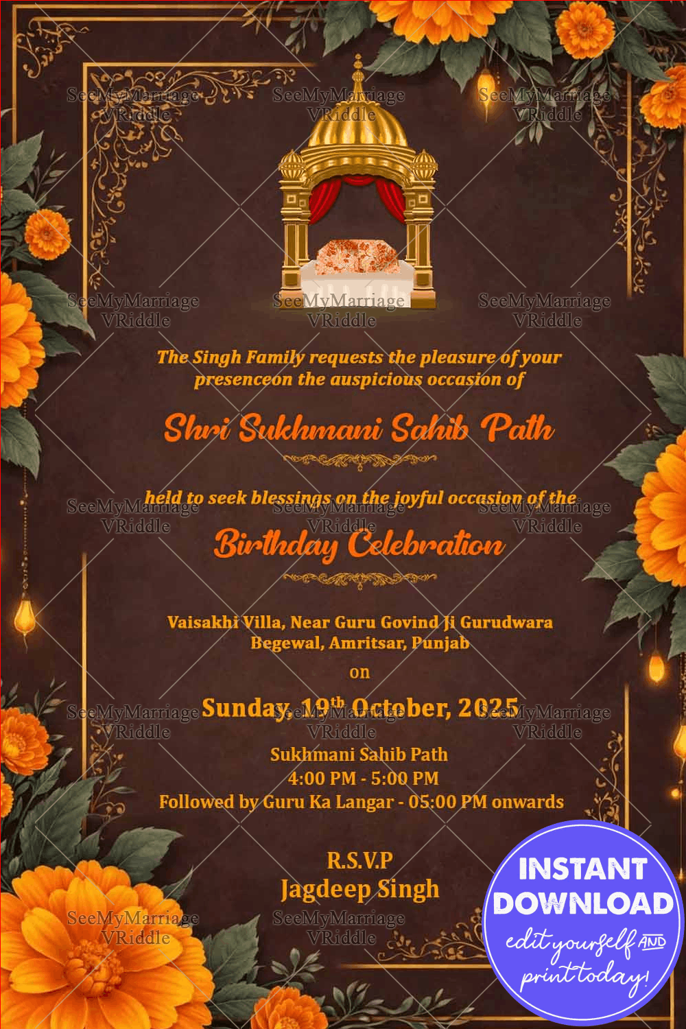 Shri Sukhmani Sahib Paath Birthday Invitation with Golden Canopy, Marigold Florals & Royal Brown Vintage Frame