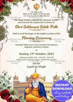 Shri Sukhmani Sahib Paath Invitation with Khanda Emblem, Guru Sahib Illustration, Rose Florals and Sacred Gurudwara Backdrop