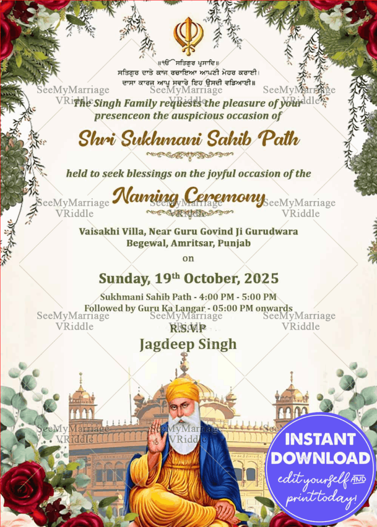 Shri Sukhmani Sahib Paath Invitation with Khanda Emblem, Guru Sahib Illustration, Rose Florals and Sacred Gurudwara Backdrop