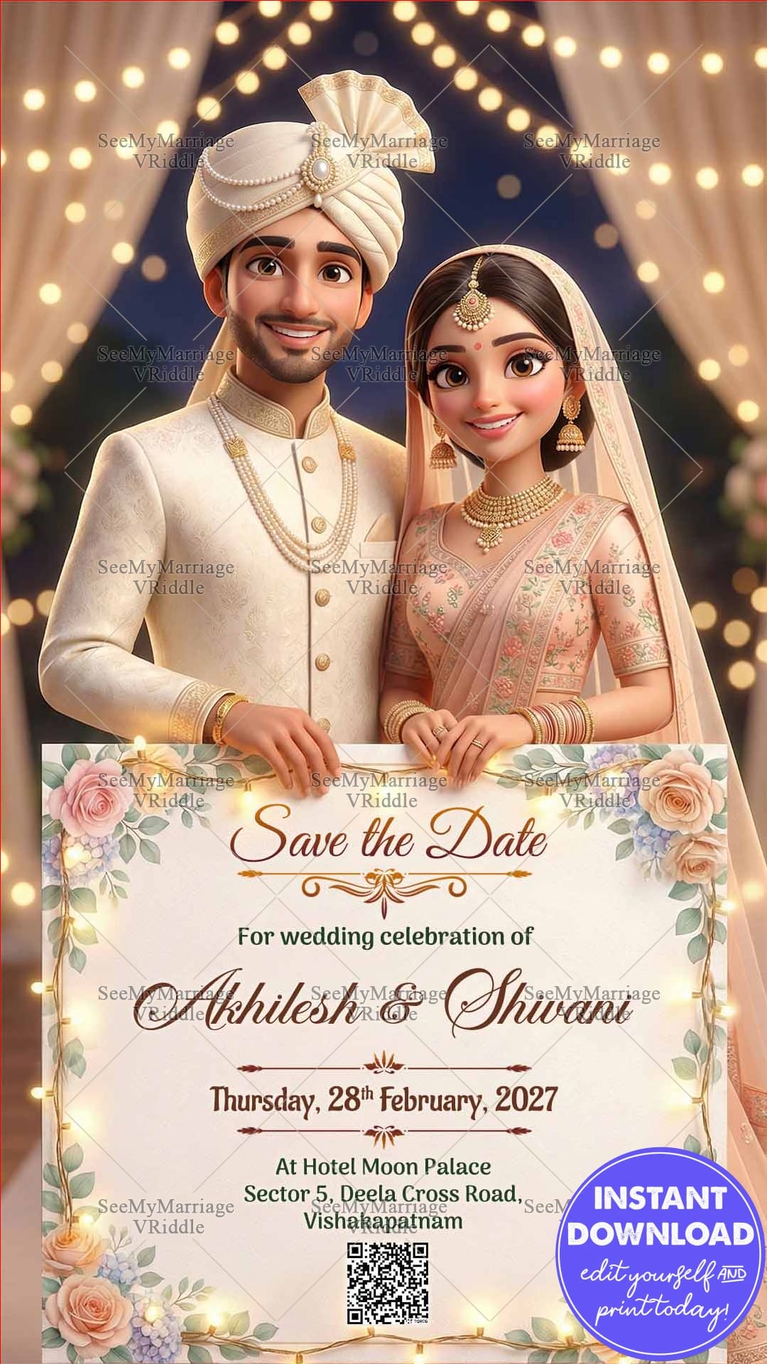 Smiling Couple Save the Date Wedding Invitation Card with Holding a Floral-Framed Announcement Board Adorned