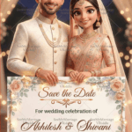 Smiling Couple Save the Date Wedding Invitation Card with Holding a Floral-Framed Announcement Board Adorned