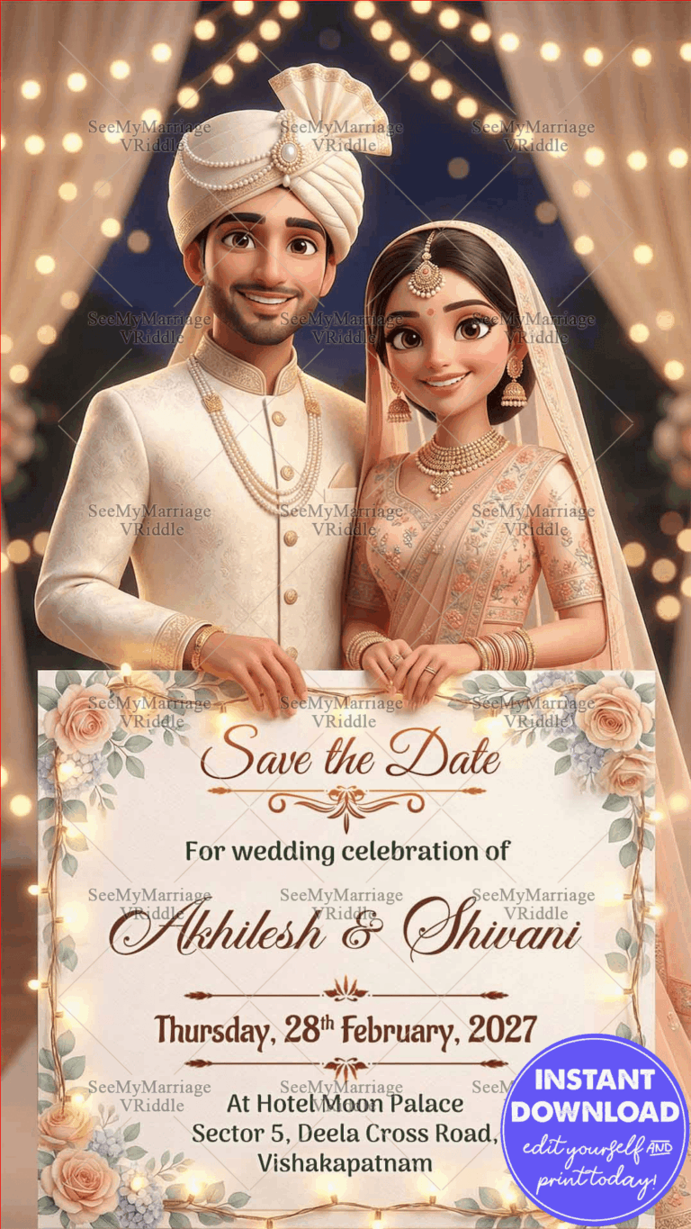 Smiling Couple Save the Date Wedding Invitation Card with Holding a Floral-Framed Announcement Board Adorned