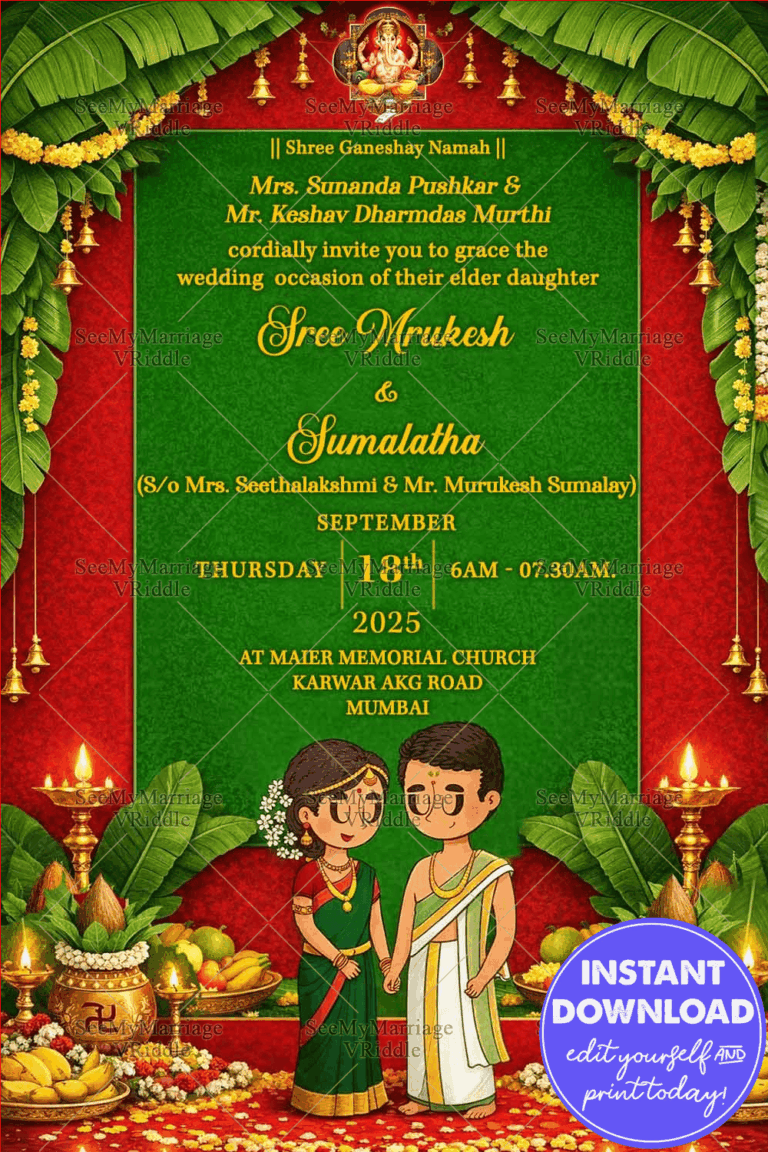 South Indian Cartoon Wedding Invitation with Banana Leaf Toran, Brass Lamps & Green–Red Temple Palette
