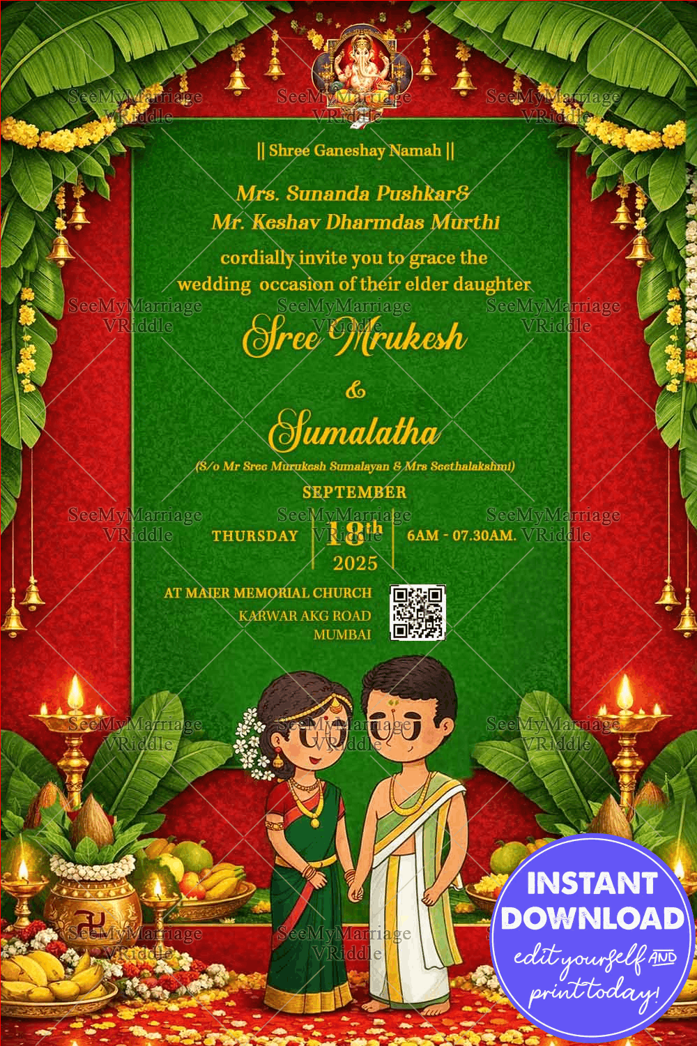 South Indian Cartoon Wedding Invitation with Banana Leaf Toran, Brass Lamps & Green–Red Temple Palette
