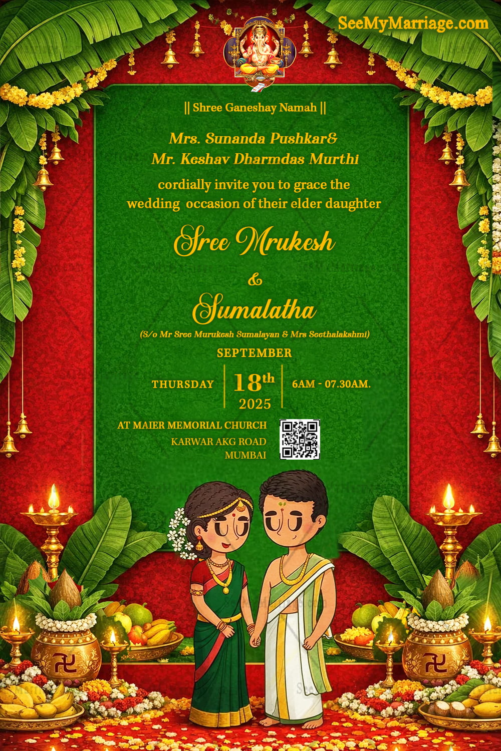 South Indian Cartoon Wedding Invitation with Banana Leaf Toran, Brass Lamps & Green–Red Temple Palette