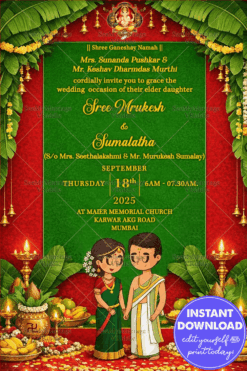 South Indian Cartoon Wedding Invitation with Banana Leaf Toran, Brass Lamps & Green–Red Temple Palette